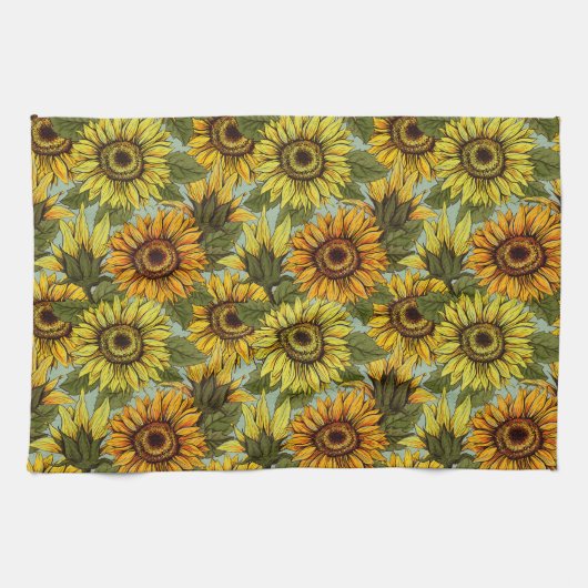 Zonnebloemen op Sage Background Foliage Oranje Yel Theedoek (Horizontaal)