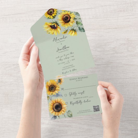 Zonnebloemen op Sage Green QR-code All In One Uitnodiging (Afscheurbaar)