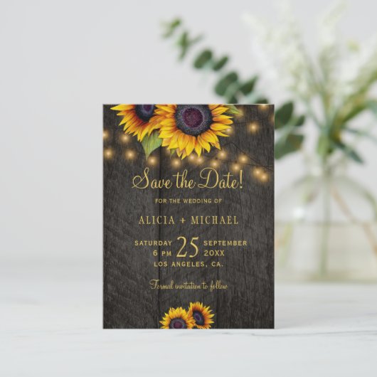 Zonnebloemen op schuurhout trouwkaart save the dat aankondigingskaart (Staand voorkant)