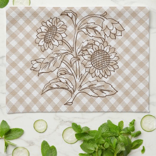 Zonnebloemen op Tan Beige Brown Gingham Pattern Theedoek (Gevouwen)