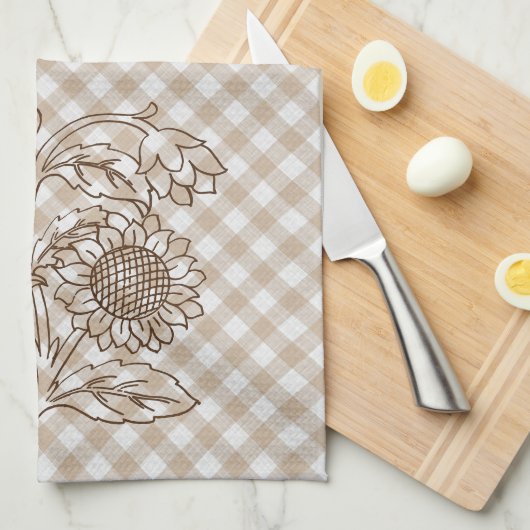 Zonnebloemen op Tan Beige Brown Gingham Pattern Theedoek (Quarter Fold)