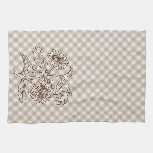 Zonnebloemen op Tan Beige Brown Gingham Pattern Theedoek (Horizontaal)