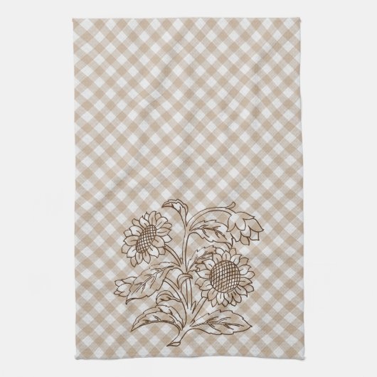 Zonnebloemen op Tan Beige Brown Gingham Pattern Theedoek (Verticaal)