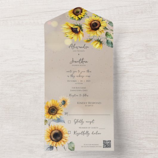 Zonnebloemen op Taupe met lichteffecten QR-code All In One Uitnodiging (Binnen)