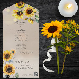 Zonnebloemen op Taupe met lichteffecten QR-code All In One Uitnodiging