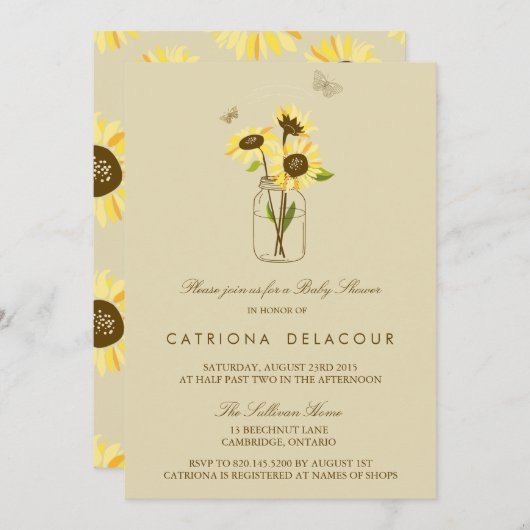 Zonnebloemen op uitnodiging van het Baby shower Ma (Voorkant / Achterkant)