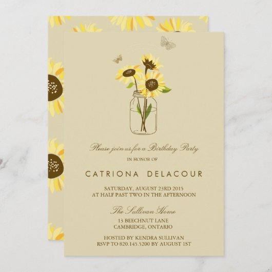 Zonnebloemen op uitnodiging van Mason Jar Birthday (Voorkant / Achterkant)