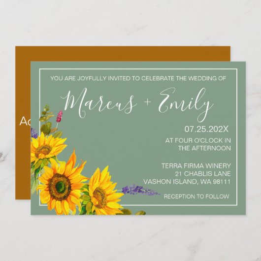 Zonnebloemen op uitnodiging voor groene bruiloft (Voorkant / Achterkant)