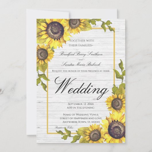 Zonnebloemen op wit hout: Wedding Wedding invitati Aankondiging (Voorkant)