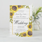 Zonnebloemen op wit hout: Wedding Wedding invitati Aankondiging (Staand voorkant)