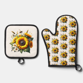 Zonnebloemen op witte ovenhandschoenen en pannenla ovenwant & pannenlap set