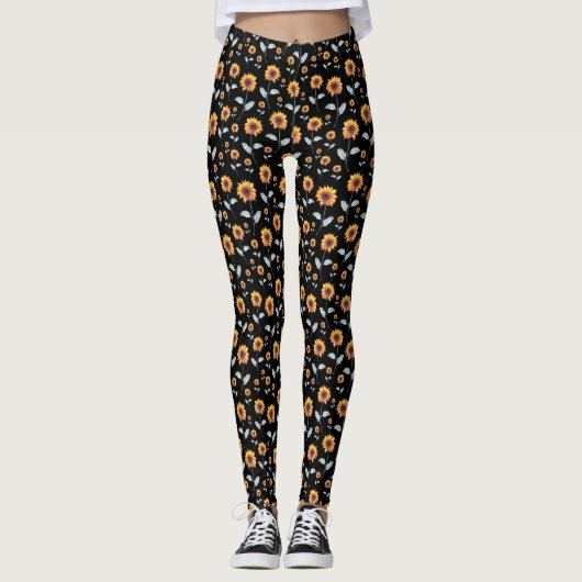 Zonnebloemen op zwart leggings (Voorkant)