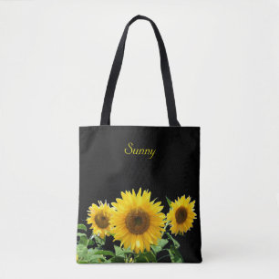Zonnebloemen op zwart tote bag