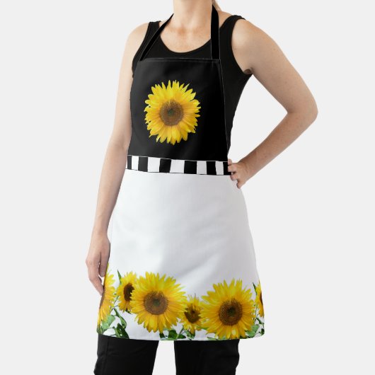 Zonnebloemen op zwarte en witte pron schort (Insitu)