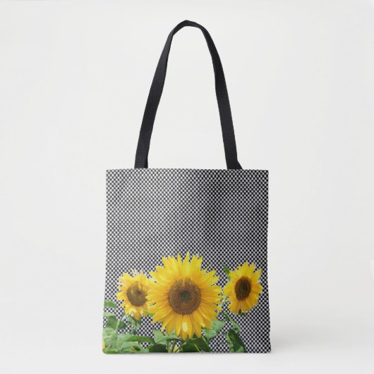 Zonnebloemen op zwarte en witte schaakpatronen can tote bag (Voorkant)