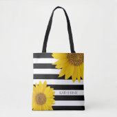 Zonnebloemen op zwarte en witte strepen, gepersona tote bag (Voorkant)