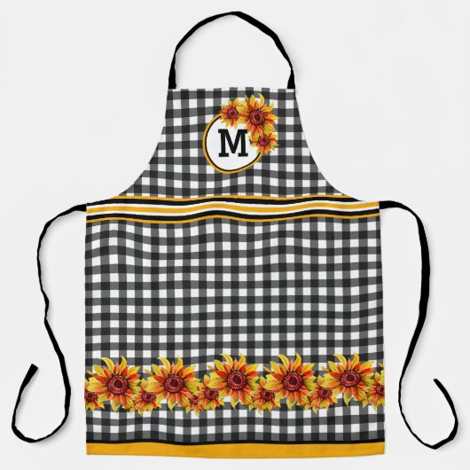 Zonnebloemen Op Zwarte Gingham Monogram Schort (Voorkant)