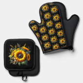 Zonnebloemen op zwarte ovenwanten en pottenhouders ovenwant & pannenlap set (Voorkant / Achterkant)