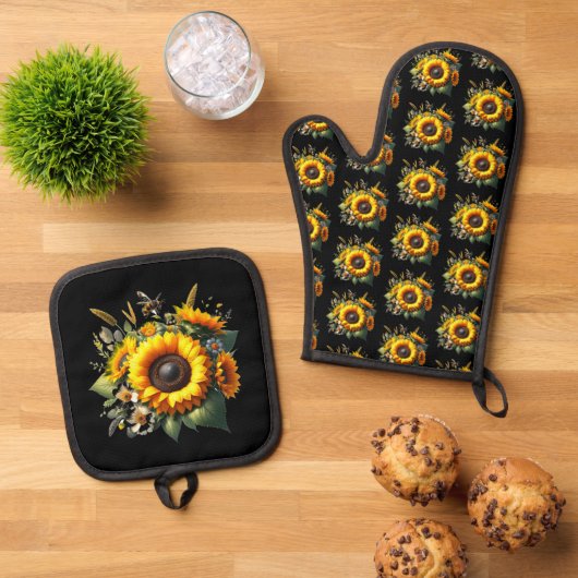 Zonnebloemen op zwarte ovenwanten en pottenhouders ovenwant & pannenlap set (Top down)