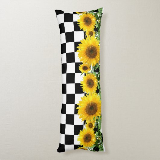 Zonnebloemen op zwarte witte borst lichaamskussen (Achterkant (Verticaal))