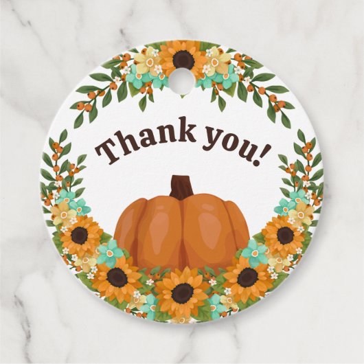 Zonnebloemen & Oranje pompoen Dank u Bedankjes Labels (Voorkant)