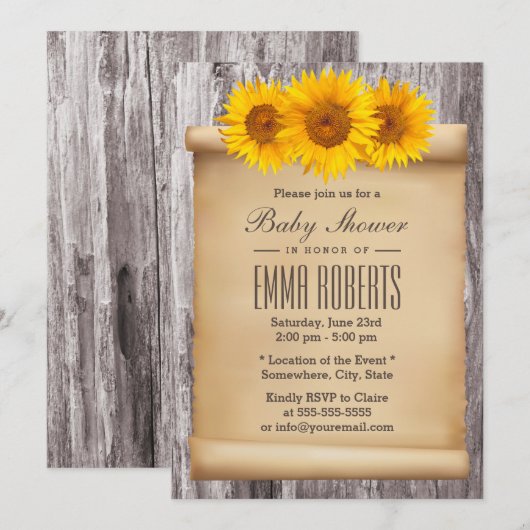  zonnebloemen Oud Baby shower met scrollhout Kaart (Voorkant / Achterkant)