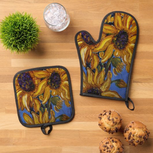 Zonnebloemen Oven Mitt en Pot Holder set (Top down)