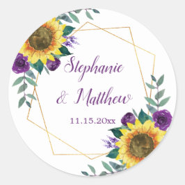 Zonnebloemen Paarse bloemen geometrische bruiloft Ronde Sticker