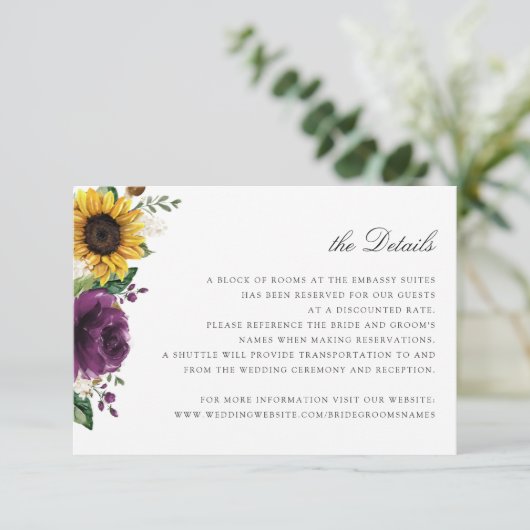 Zonnebloemen Paarse Floral Wedding Details Kaart (Staand voorkant)