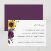 Zonnebloemen Paarse Floral Wedding Details Kaart (Voorkant / Achterkant)