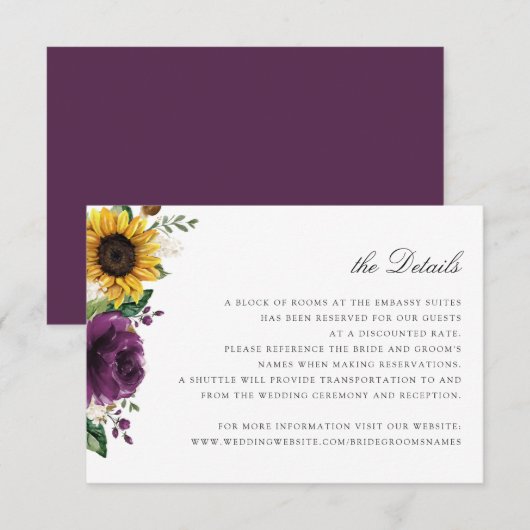 Zonnebloemen Paarse Floral Wedding Details Kaart (Voorkant / Achterkant)