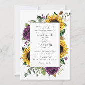 Zonnebloemen Paarse groen Floral Rustic Wedding Kaart (Voorkant)