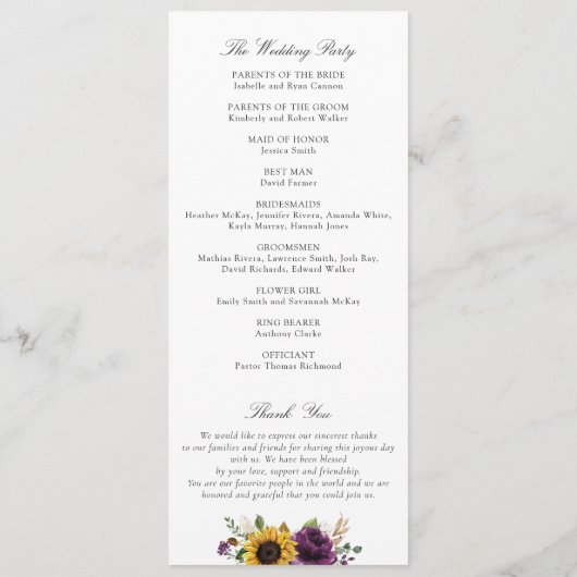 Zonnebloemen Paarse groen Floral Rustic Wedding Programmakaart (Achterkant)