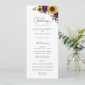 Zonnebloemen Paarse groen Floral Rustic Wedding Programmakaart (Staand voorkant)