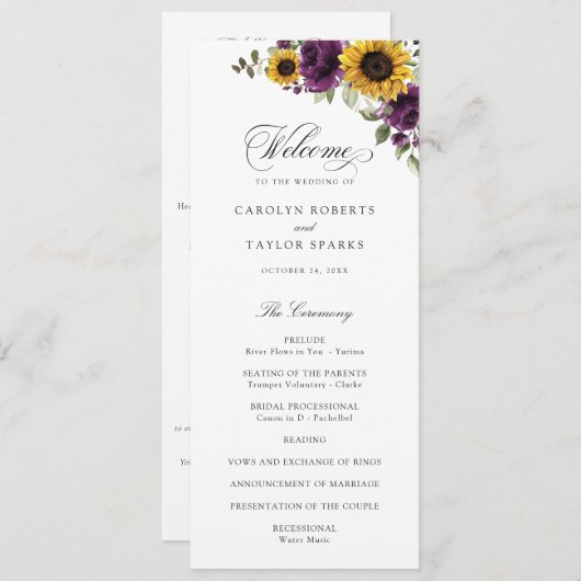 Zonnebloemen Paarse groen Floral Rustic Wedding Programmakaart (Voorkant / Achterkant)