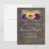 Zonnebloemen & Paarse Rozen Herfst Save the Date Aankondigingskaart (Voorkant / Achterkant)