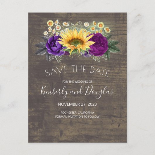 Zonnebloemen & Paarse Rozen Herfst Save the Date Aankondigingskaart (Voorkant)