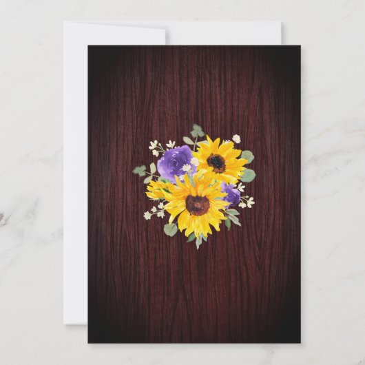 Zonnebloemen Paarse Rozen Lichten Hout Bruiloft Kaart (Achterkant)