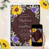 Zonnebloemen Paarse Rozen Lichten Hout Bruiloft Kaart