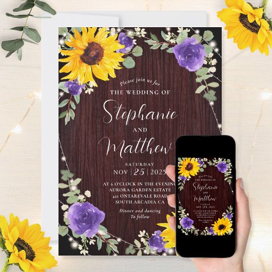 Zonnebloemen Paarse Rozen Lichten Hout Bruiloft Kaart
