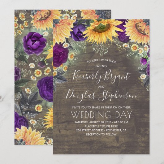 Zonnebloemen Paarse Rozen madeliefjes rustieke bru Kaart (Voorkant / Achterkant)