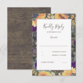 Zonnebloemen Paarse rustieke herfst bruiloft RSVP (Voorkant / Achterkant)