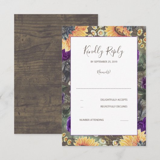 Zonnebloemen Paarse rustieke herfst bruiloft RSVP (Voorkant / Achterkant)