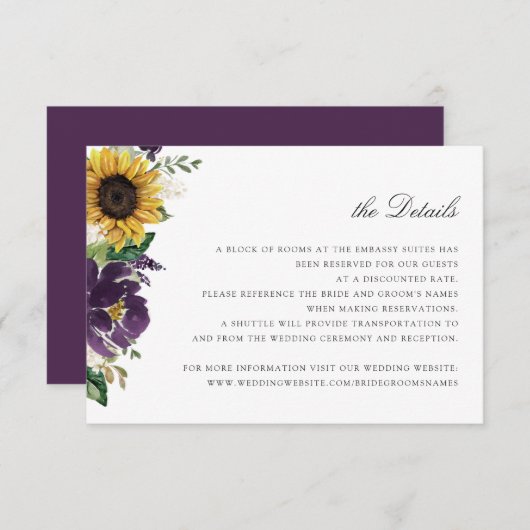 Zonnebloemen Paarse Violet Floral Weddenschap Deta Kaart (Voorkant / Achterkant)