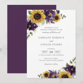 Zonnebloemen Paarse Violet Flowers Greenery Weddin Kaart (Voorkant / Achterkant)