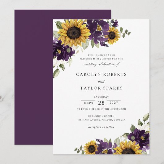 Zonnebloemen Paarse Violet Flowers Greenery Weddin Kaart (Voorkant / Achterkant)