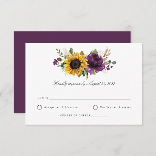 Zonnebloemen Paarse Violet Greenery Wedding RSVP Kaart (Voorkant / Achterkant)