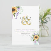 Zonnebloemen Paarse Wisteria Modern Wedding INVITE Kaart (Staand voorkant)