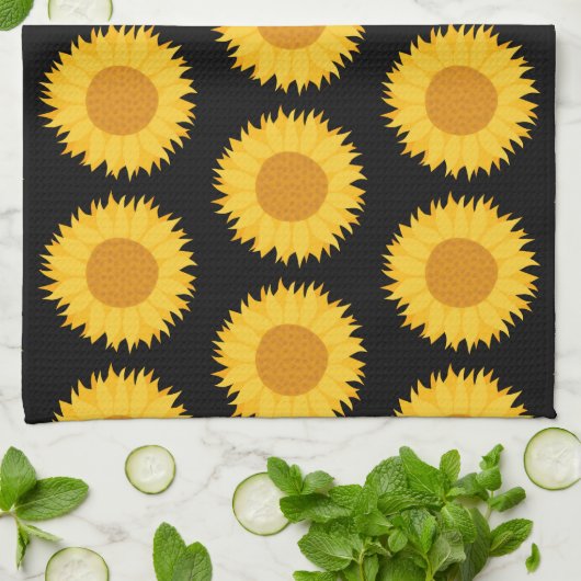 Zonnebloemen Pattern op Black. Theedoek (Gevouwen)
