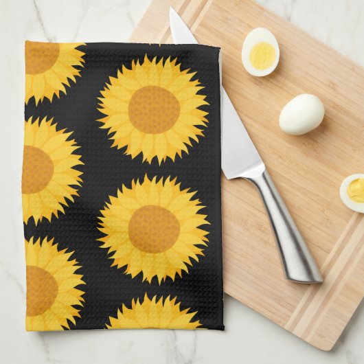 Zonnebloemen Pattern op Black. Theedoek (Quarter Fold)